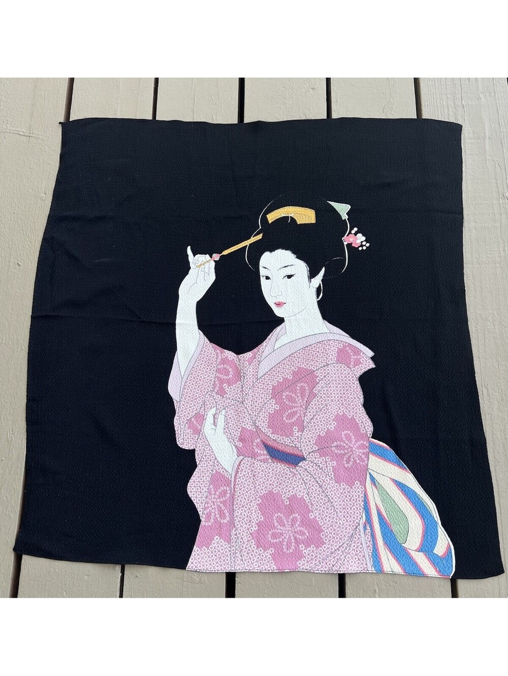Vintage Japanese Geisha Scarf 27” square Black Red Rayon Art Decor Geisha